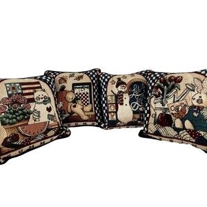 Four Seasons Tapestry Front 12 x 12 in Pillows Set of 4 Cat Bear Snowman Bunny